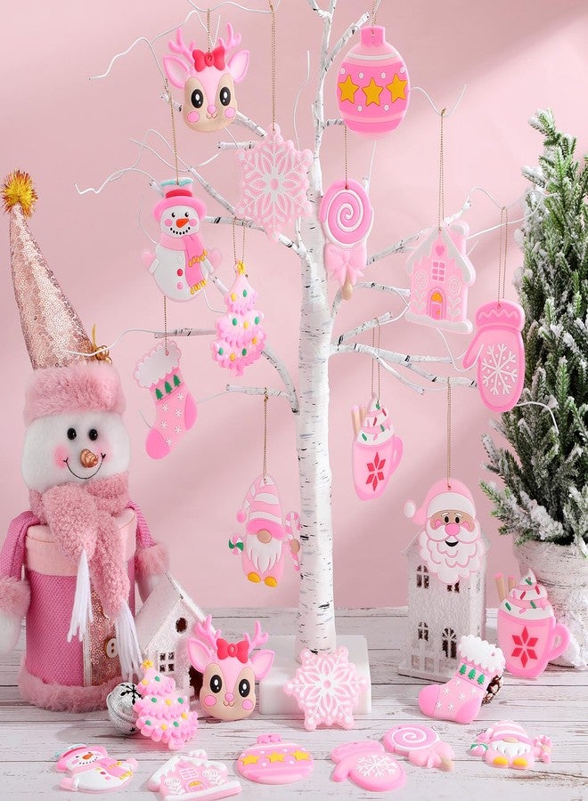 Lunmon 24 Pcs Pink Christmas Ornaments PVC Pastel Ornaments for Christmas Tree Santa Claus Gingerbread House Gnomes Xmas Baubles Winter Decorations for Xmas Tree Party Holiday Decor - Image 4